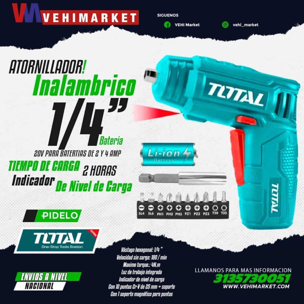 Atornillador Inalambrico 1/4" Bateria 2 a 4 Amp - Total