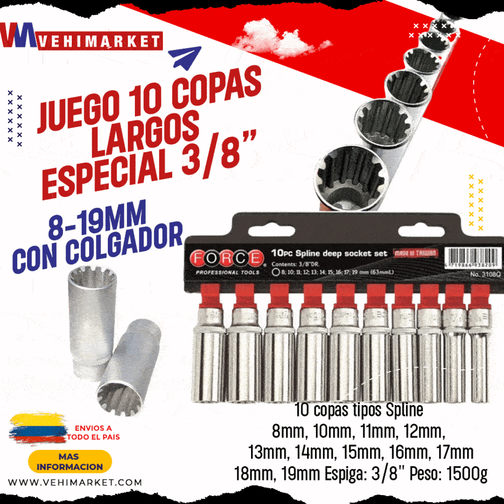 Juego 10 Copas Largos Especial 3/8" 8-9MM - Force