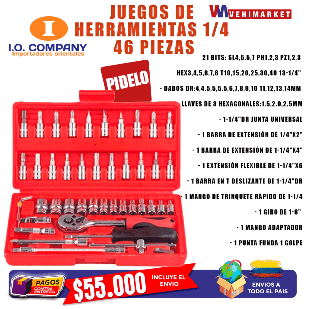 Juego de Herramientas 1/4 46 pcs TODOS LOS PRECIOS ESTAN SUJETOS A POSIBLES MODIFICACIONES CONFIRMAR DISPONIBILIDAD DEL PRODUCTO ANTES DE OFERTAR PAGOS SEGUROS CON MERCADO PAGO