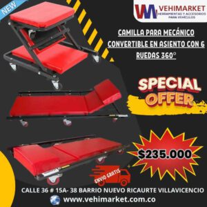CAMILLA PARA MECÁNICO CONVERTIBLE EN ASIENTO CON 6 RUEDAS 360º
