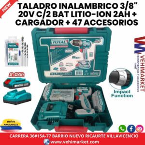 TALADRO INALAMBRICO 3/8" 20V C/2 BAT LITIO-ION 2AH+CARGADOR+47 ACCESORIOS
