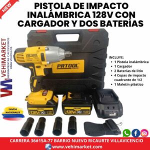 PISTOLA DE IMPACTO INALÁMBRICA 128V CON CARGADOR Y DOS BATERÍAS