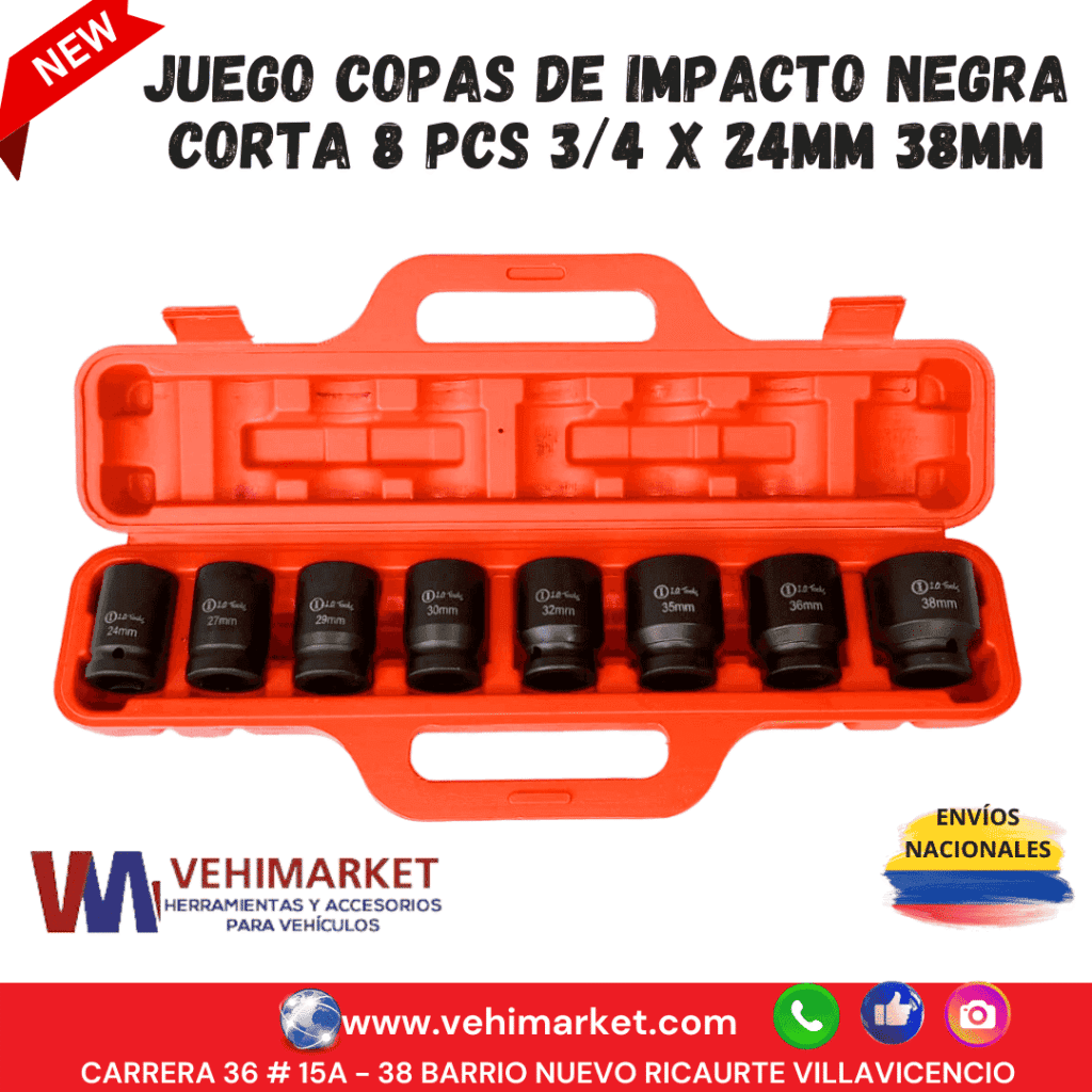 JUEGO COPAS DE IMPACTO NEGRA CORTA 8 PCS 3/4 X 24MM 38MM
